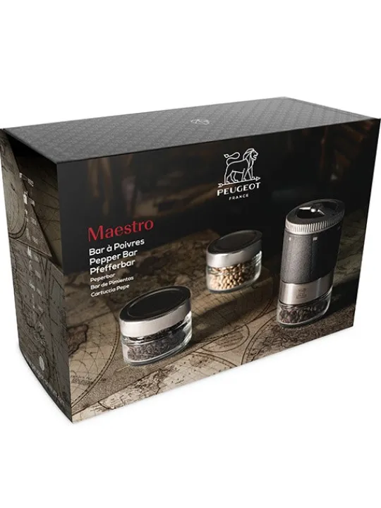 Peugeot Saveurs Maestro Bar à poivres - moulin à poivre u'select accompagné de 3 grands crus de poivres, de 3 réservoirs interchangeables. -> Idées Cadeaux -100€|Coffrets Cadeaux
